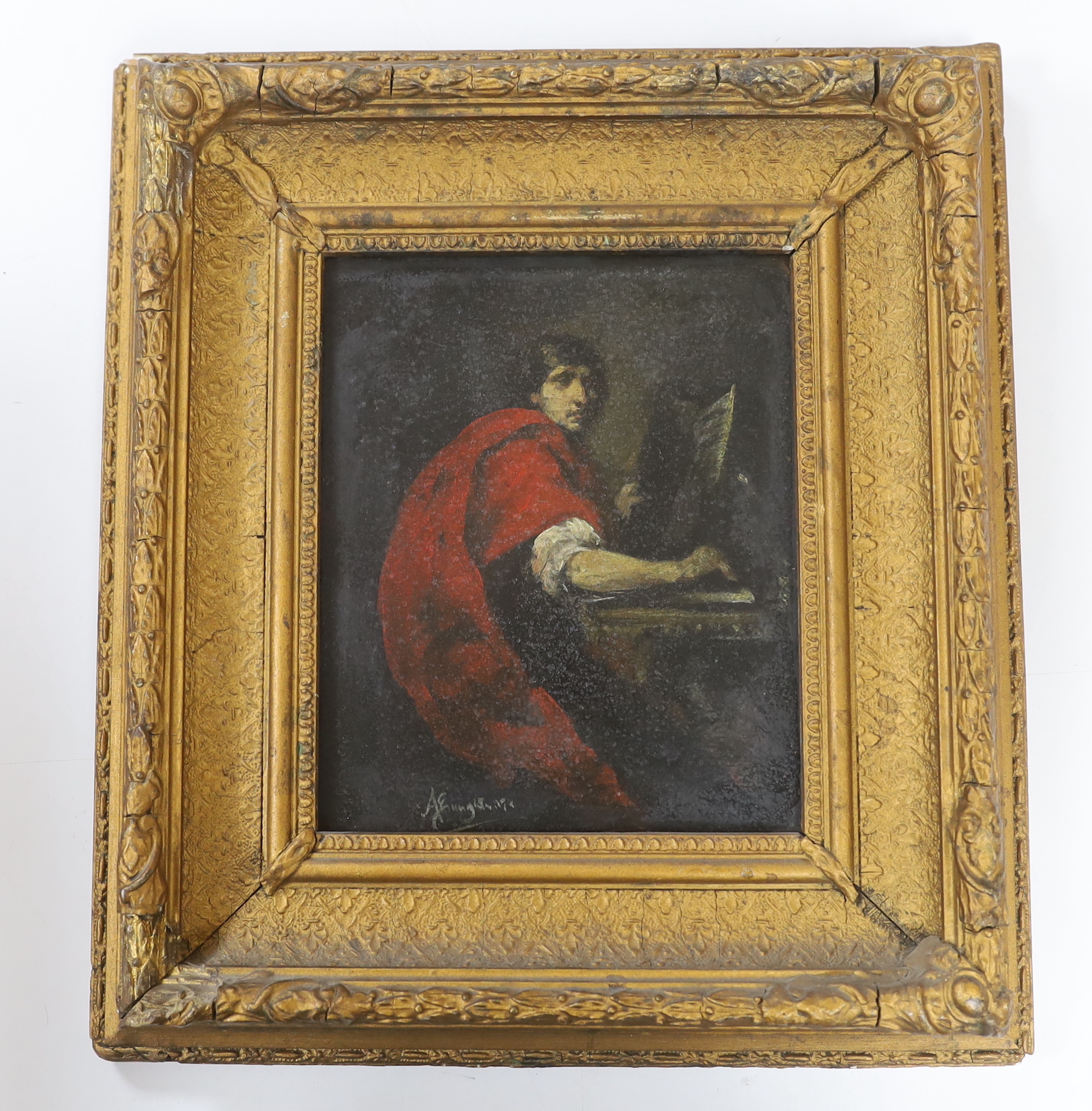 Late 19th century oil on board, Portrait of a scholar, indistinctly signed, 22 x 18cm, ornate gilt framed